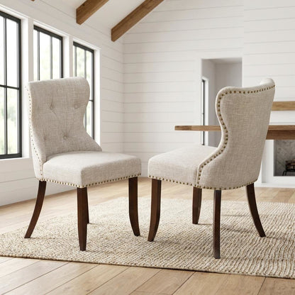 Linen Dining Chairs with Button-Tufted Nailhead Wood Frame, Mahogany, Set of 2