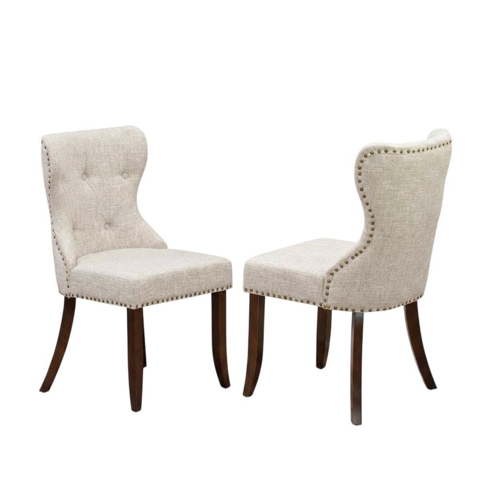 Linen Dining Chairs with Button-Tufted Nailhead Wood Frame, Mahogany, Set of 2