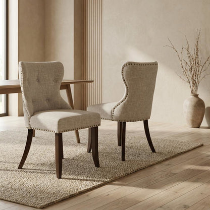Linen Dining Chairs with Button-Tufted Nailhead Wood Frame, Mahogany, Set of 2