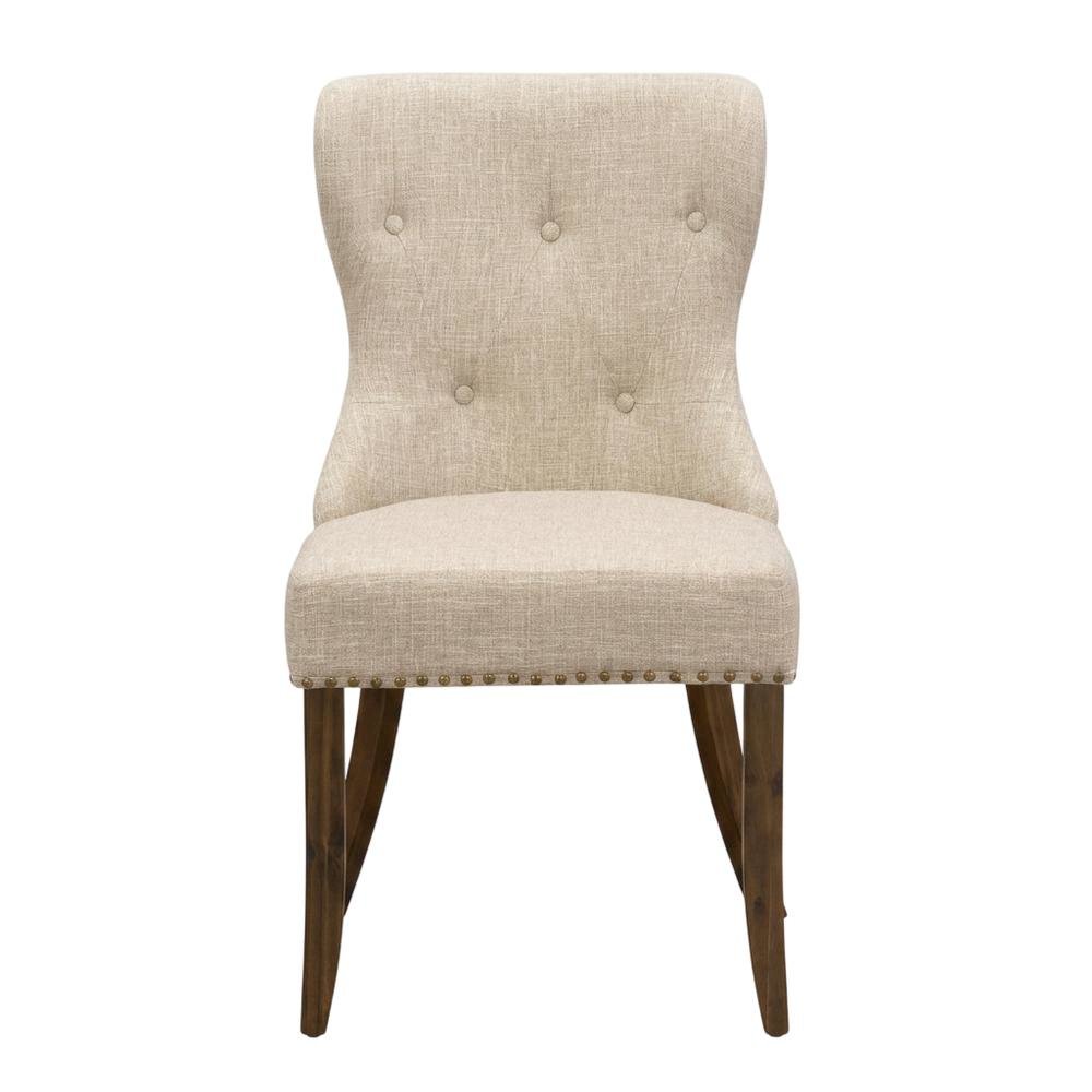 Linen Dining Chair with Nailhead and Button-Tufted Back, Light Tan, Set of 2
