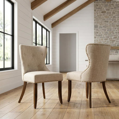 Linen Dining Chair with Nailhead and Button-Tufted Back, Light Tan, Set of 2