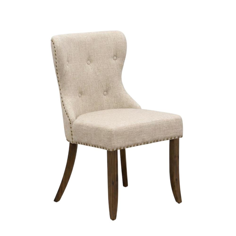 Linen Dining Chair with Nailhead and Button-Tufted Back, Light Tan, Set of 2