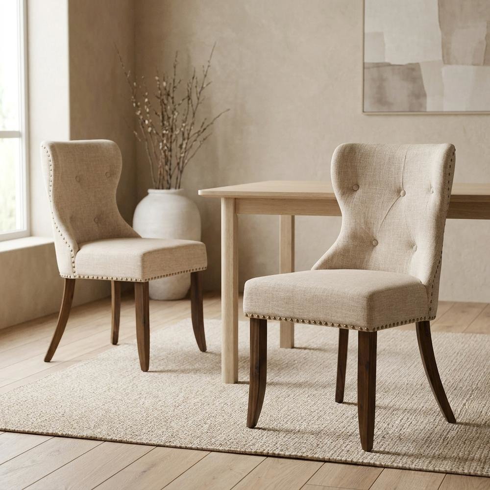 Linen Dining Chair with Nailhead and Button-Tufted Back, Light Tan, Set of 2