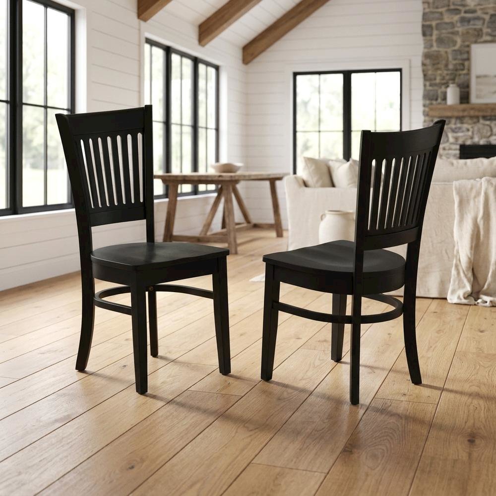 Wood Dining Room Chair with Slat Back and Solid Wood Seat, Brown, Set of 2