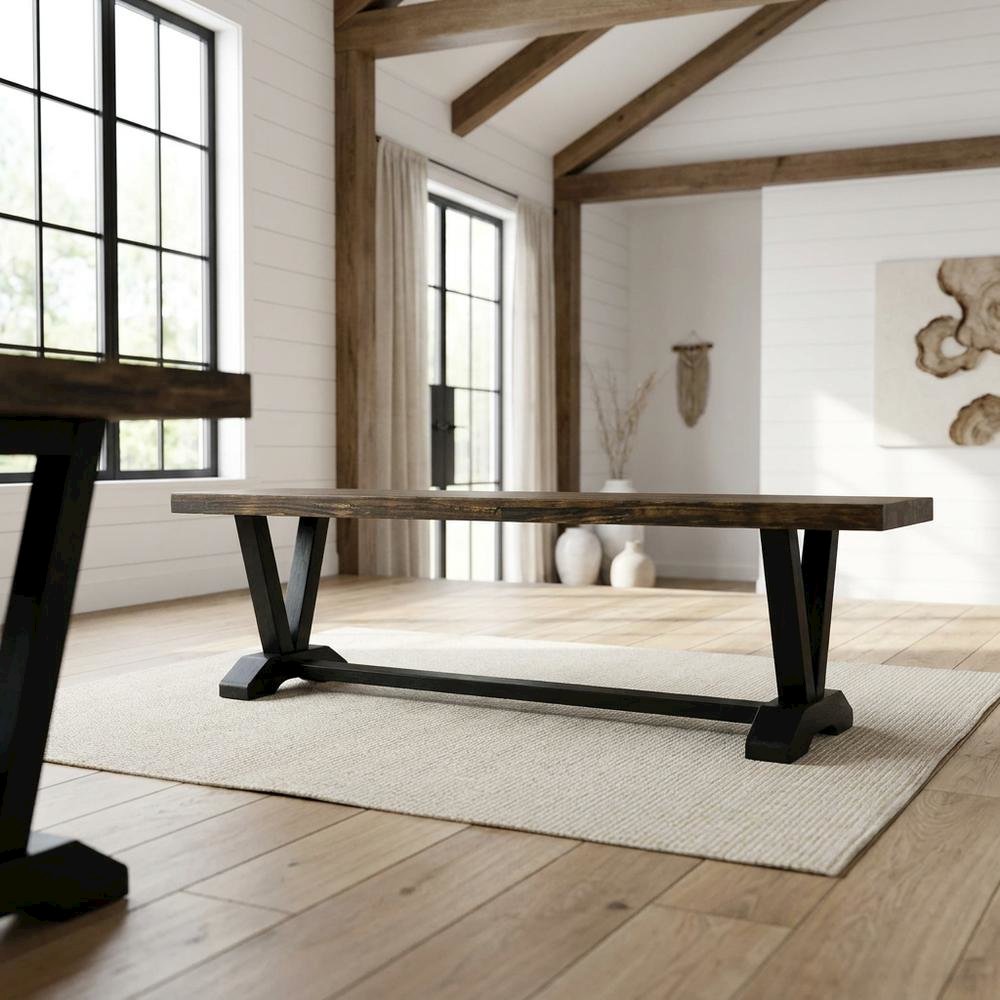 Wooden Dining Bench with V-Style Base, Brown/Brown