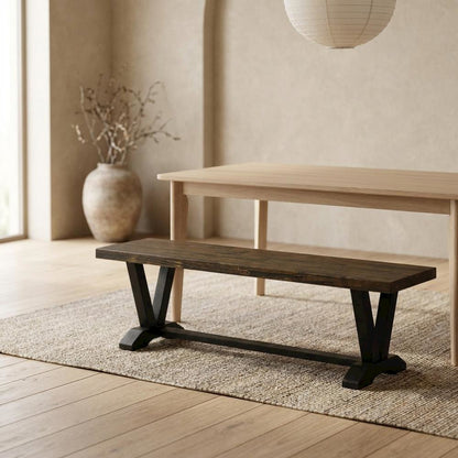 Wooden Dining Bench with V-Style Base, Brown/Brown