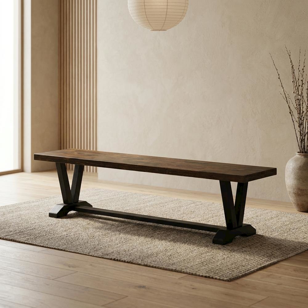 Solid Wood Dining Bench with V-Style Base for Dining Room, Dark Brown