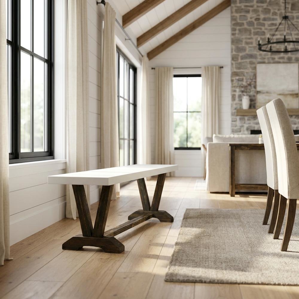 Wooden Dining Bench with V-Style Base, Wood Bench Seat, White