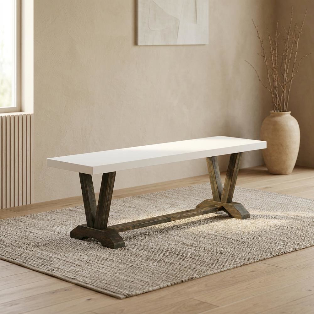 Wooden Dining Bench with V-Style Base, Wood Bench Seat, White