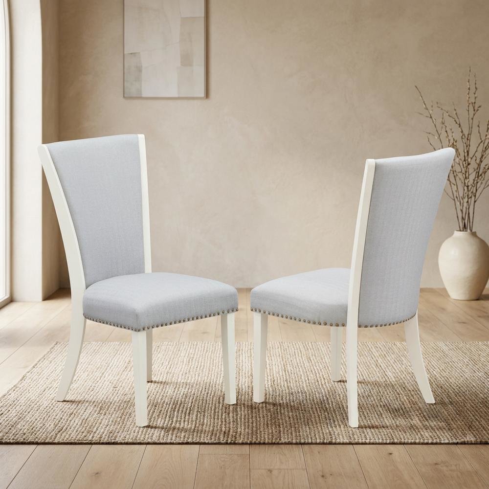 Linen Fabric Parsons Dining Chairs with Nail Head and Wood Frame, Grey, Set of 2