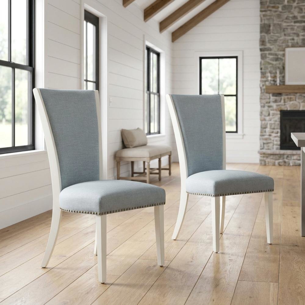 Linen Dining Chair with Nail Head Trim and Stylish High Back, Blue, Set of 2