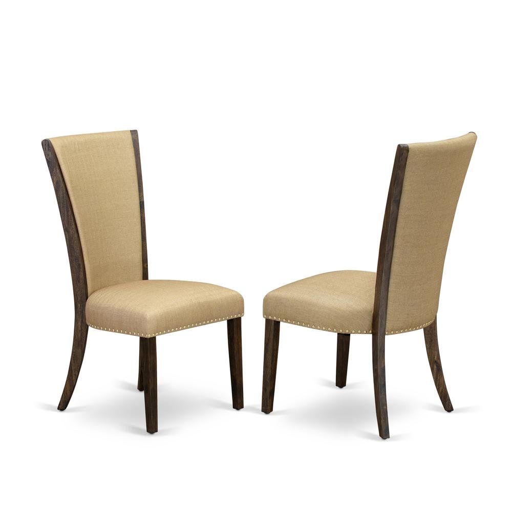 Linen Dining Chair with Distressed Hardwood Frame, Nailhead, Brown, Set of 2