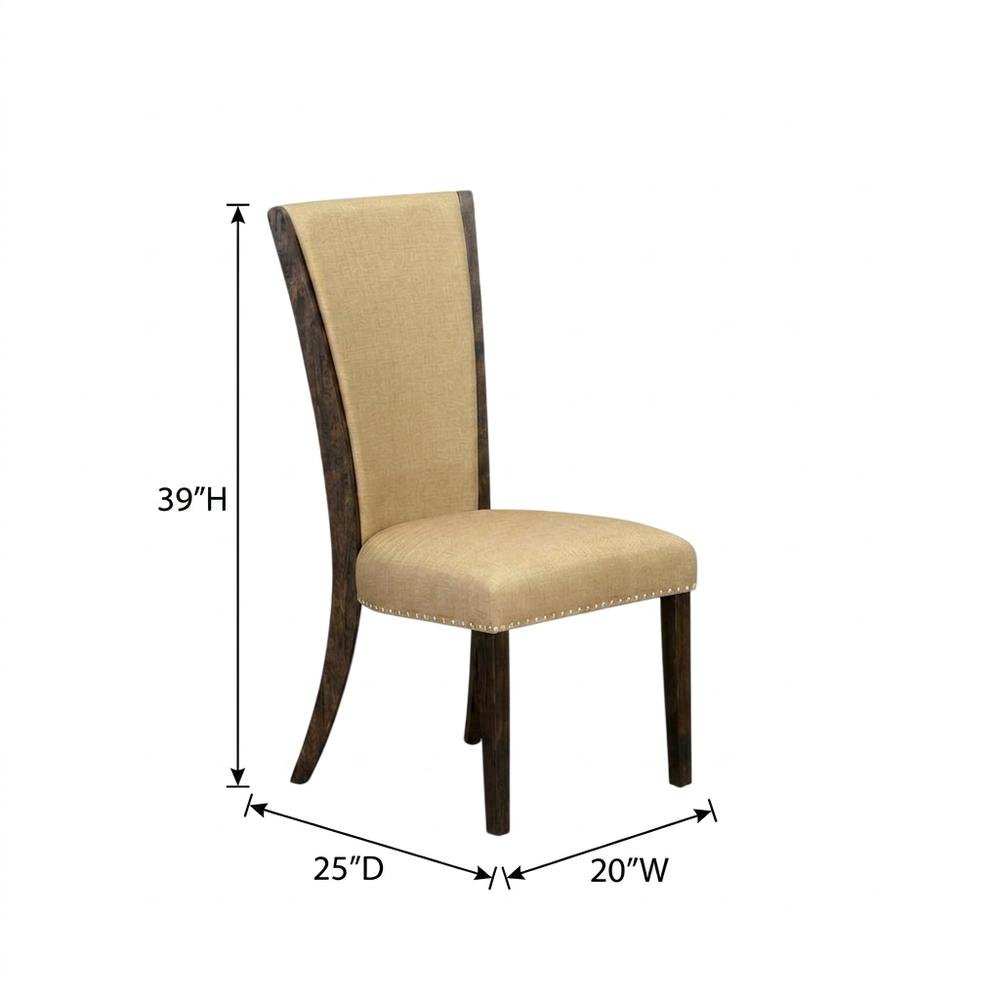 Linen Dining Chair with Distressed Hardwood Frame, Nailhead, Brown, Set of 2
