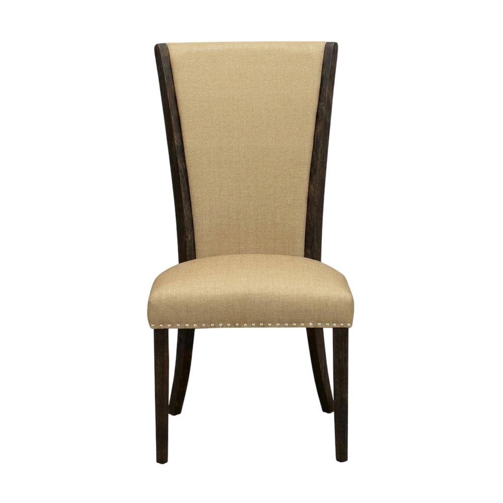 Linen Dining Chair with Distressed Hardwood Frame, Nailhead, Brown, Set of 2