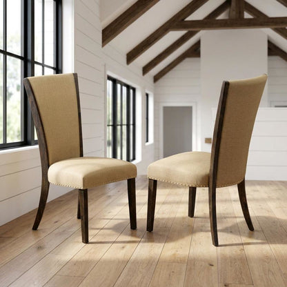 Linen Dining Chair with Distressed Hardwood Frame, Nailhead, Brown, Set of 2
