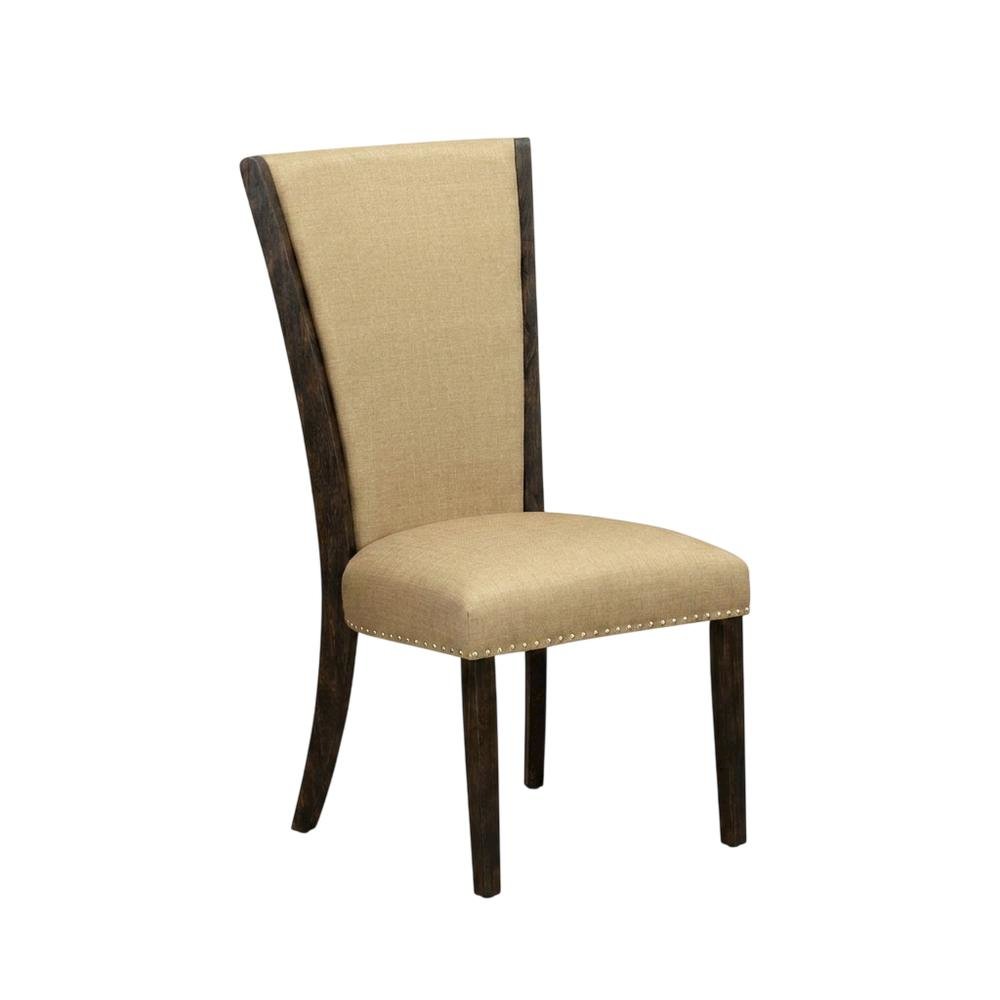 Linen Dining Chair with Distressed Hardwood Frame, Nailhead, Brown, Set of 2