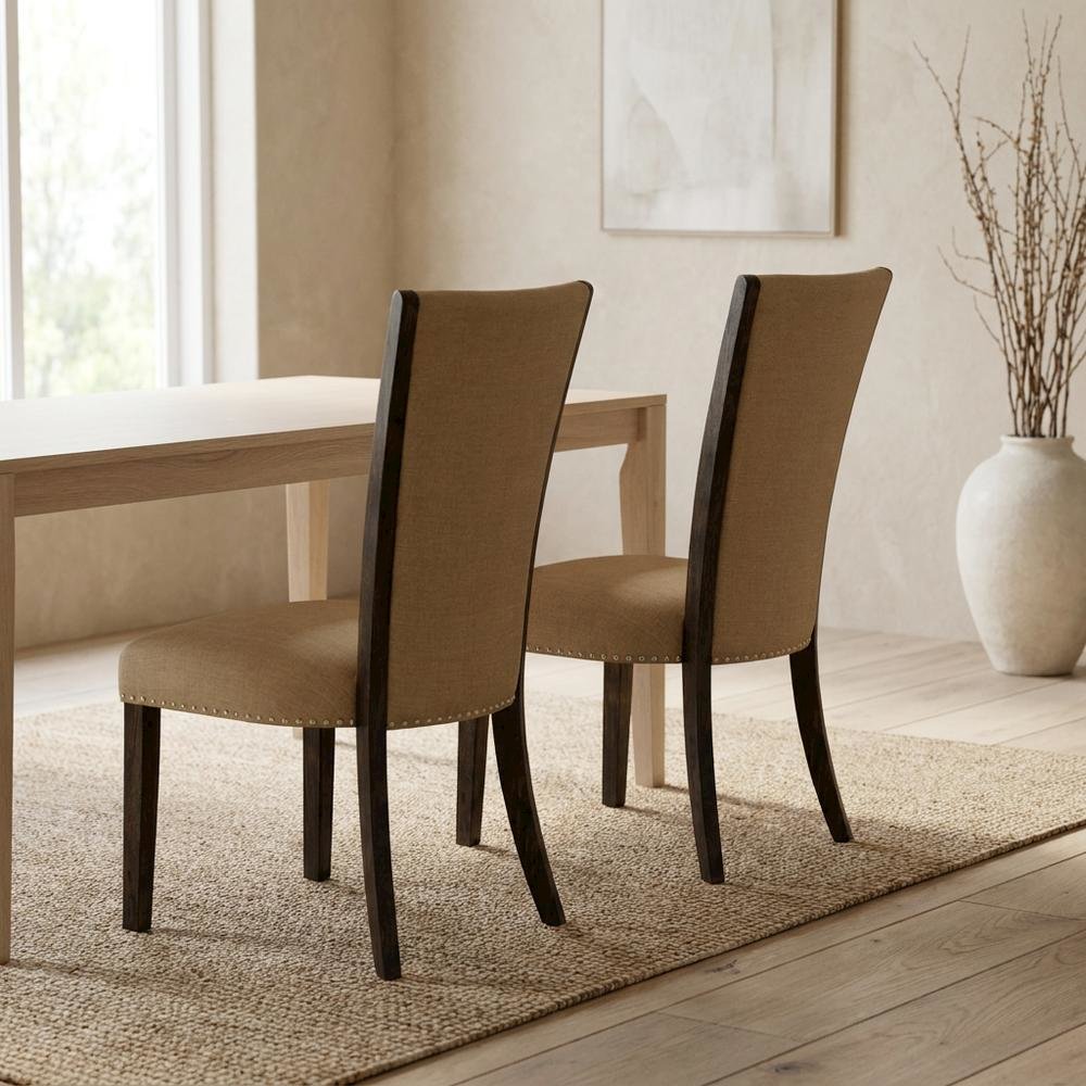 Linen Dining Chair with Distressed Hardwood Frame, Nailhead, Brown, Set of 2