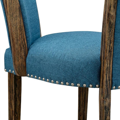 Linen Dining Chairs with Distressed Wood Frame and Nail Head, Blue, Set of 2
