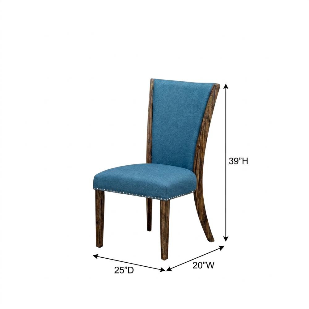 Linen Dining Chairs with Distressed Wood Frame and Nail Head, Blue, Set of 2