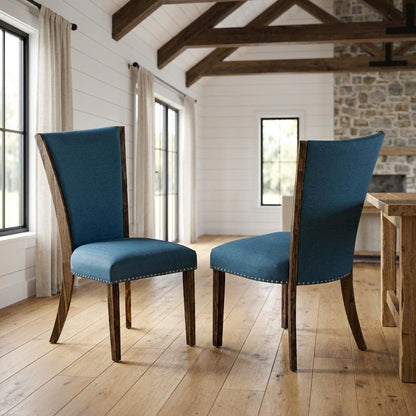 Linen Dining Chairs with Distressed Wood Frame and Nail Head, Blue, Set of 2