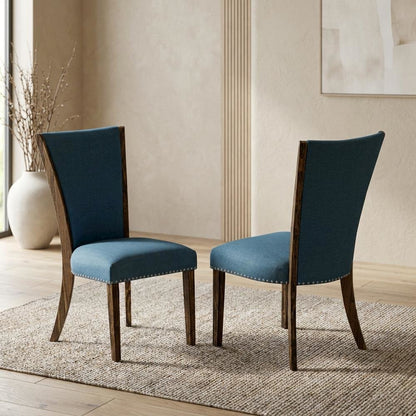 Linen Dining Chairs with Distressed Wood Frame and Nail Head, Blue, Set of 2