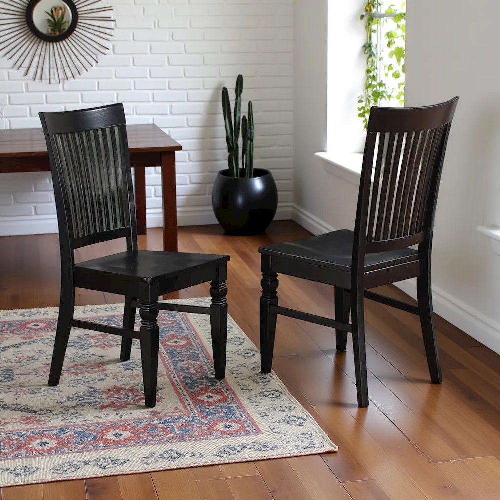 Elegant Black Wooden Dining Chairs – Classic Slatted Back, Set of 2