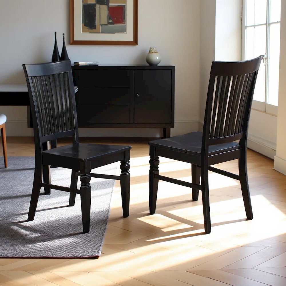 Elegant Black Wooden Dining Chairs – Classic Slatted Back, Set of 2