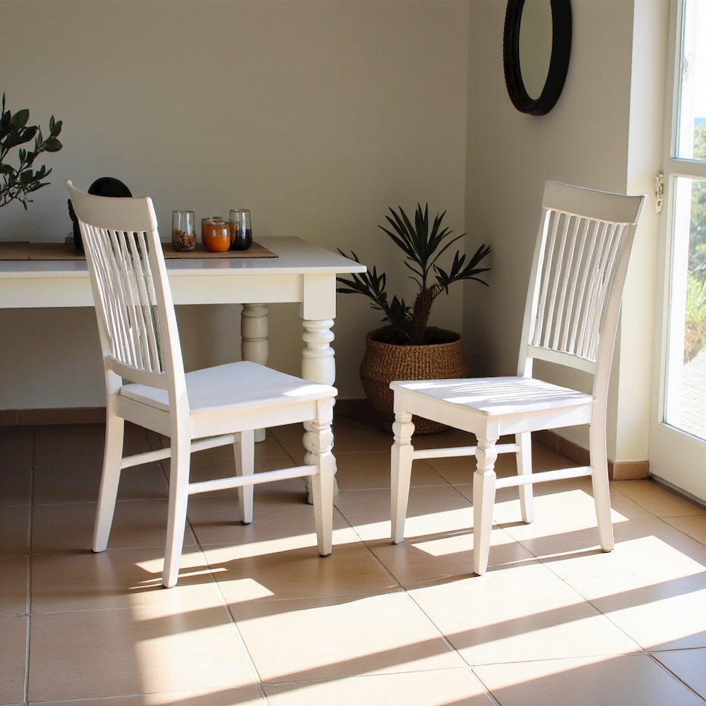 Elegant White Wooden Dining Chairs – Slatted Back, Set of 2