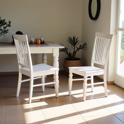 Elegant White Wooden Dining Chairs – Slatted Back, Set of 2