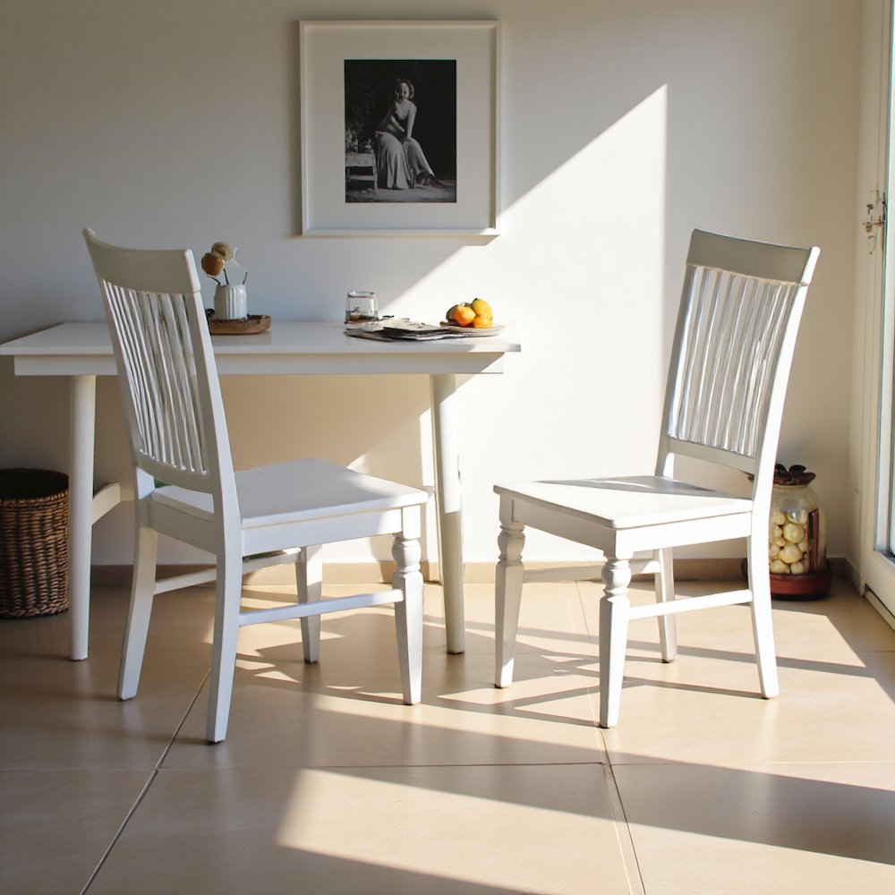 Elegant White Wooden Dining Chairs – Slatted Back, Set of 2