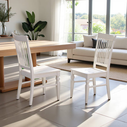 Elegant White Wooden Dining Chairs – Slatted Back, Set of 2
