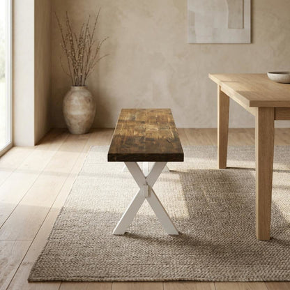 Wooden Dining Bench with X-Style Base for Kitchen and Dining Room, Brown/White