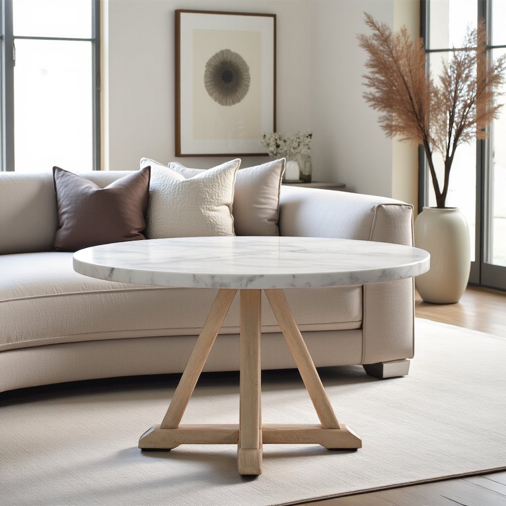 White Marble and Natural Wood Round Dining Table for Kitchen or Dining Room