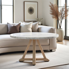 White Marble and Natural Wood Round Dining Table for Kitchen or Dining Room