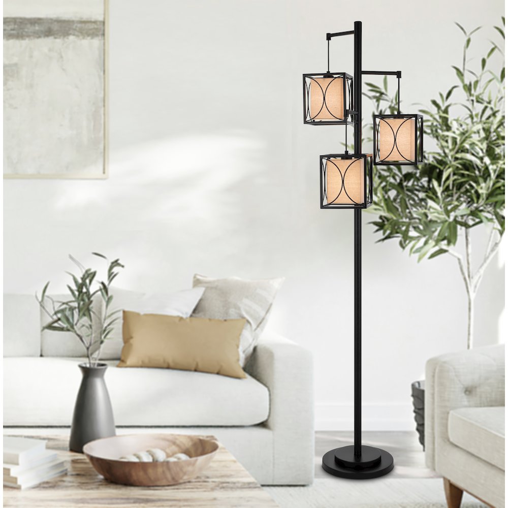 60W x 3 Lantern metal floor lamp with metal framed fabric shades