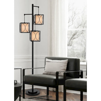 60W x 3 Lantern metal floor lamp with metal framed fabric shades