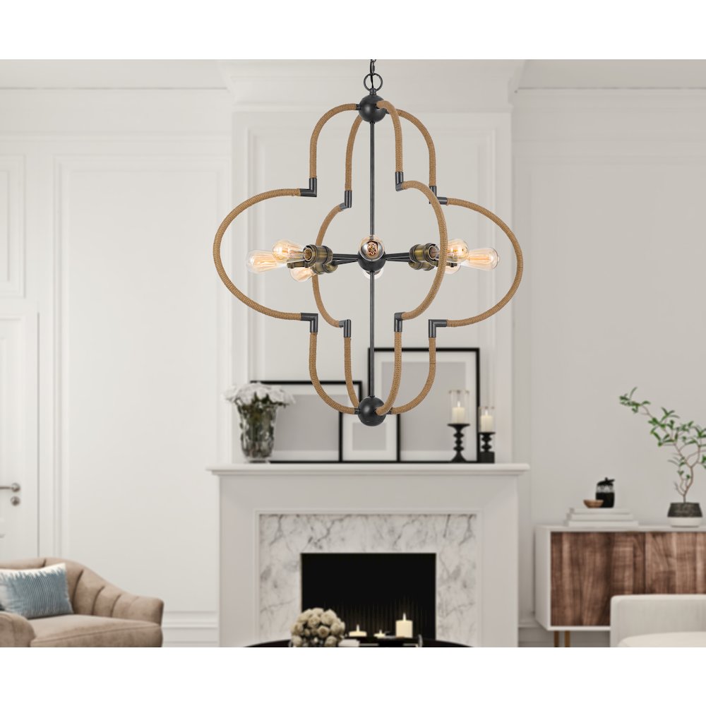60W x 8 Tahoka metal chandelier with burlap wrapped frame