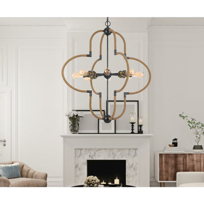 60W x 8 Tahoka metal chandelier with burlap wrapped frame
