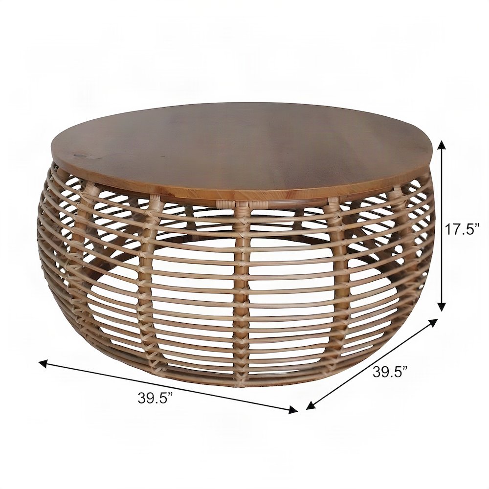Solid Mindi Wood and Rattan Coffee Table, Fully Assembled Boho Accents, Honey