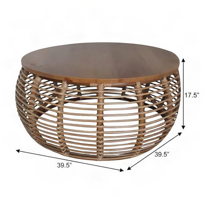 Solid Mindi Wood and Rattan Coffee Table, Fully Assembled Boho Accents, Honey