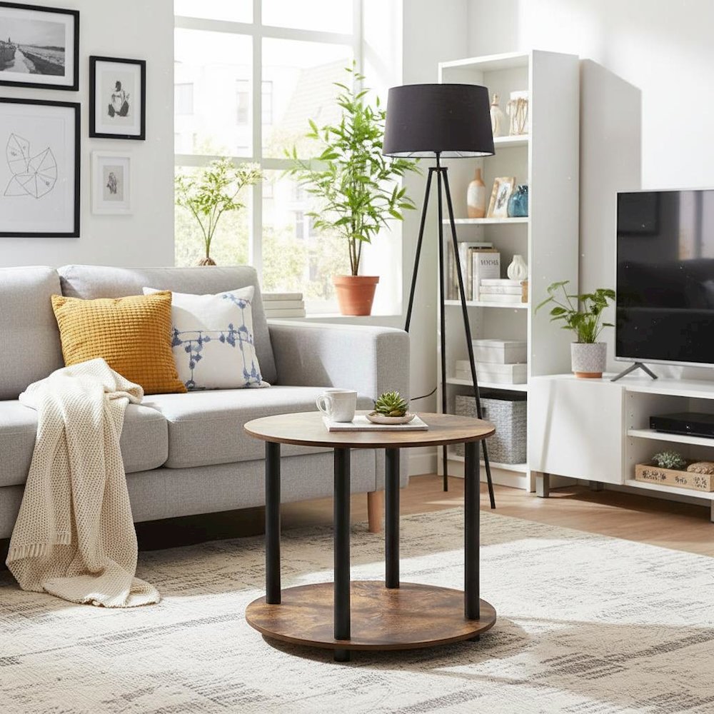 Amber Pine Round 2-Tier Coffee Table with Simple Design and Wooden Frame