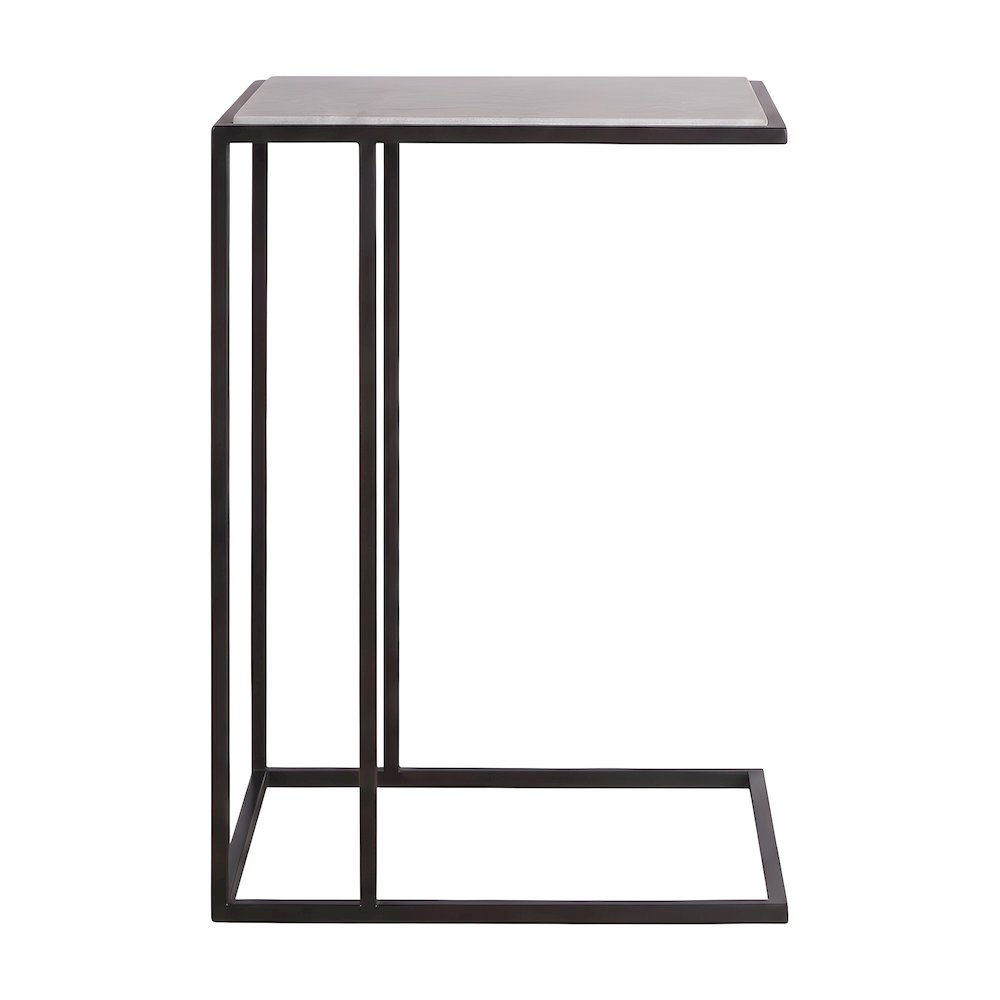 Metal and Stone Side Table with Inset Stone Top and Matte Finish for Living Room