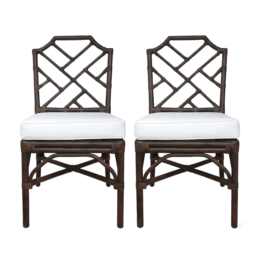 Fabric-Upholstered Rattan Chippendale Dining Chairs, Paloma Brown, Set of 2