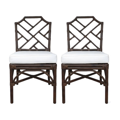 Fabric-Upholstered Rattan Chippendale Dining Chairs, Paloma Brown, Set of 2