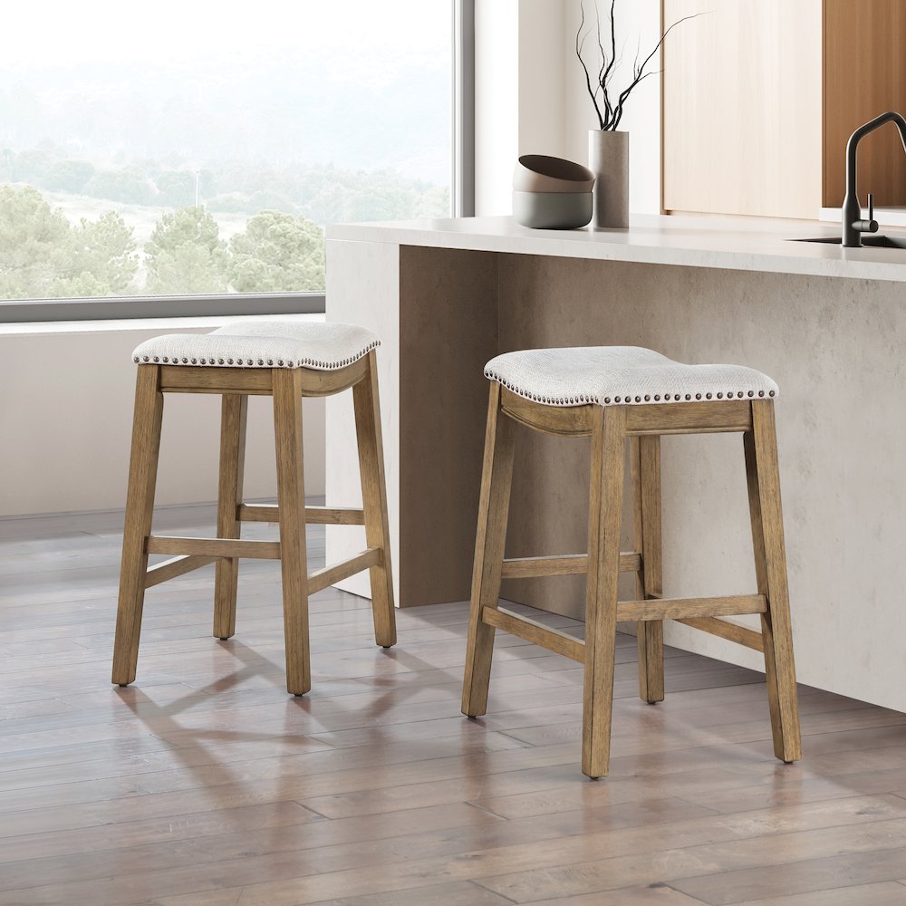Saddle Stool 24" in Linen Fabric With Medium Oak Wood Finish 2-Pack