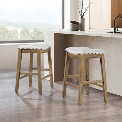Saddle Stool 24" in Linen Fabric With Medium Oak Wood Finish 2-Pack