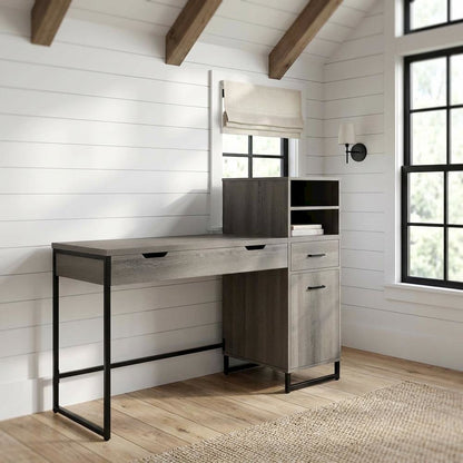 Wooden desk with hutch and ample storage space for home or office use