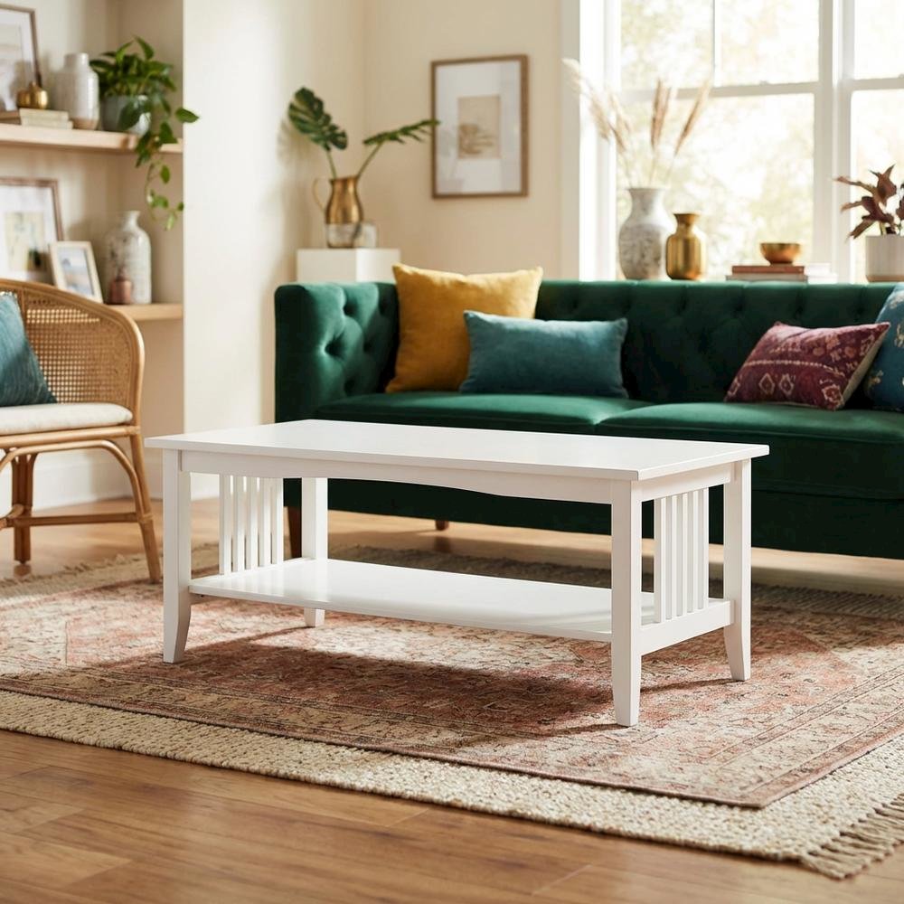 Modern White Finish Coffee Table with Storage Compartment and Midcentury Style