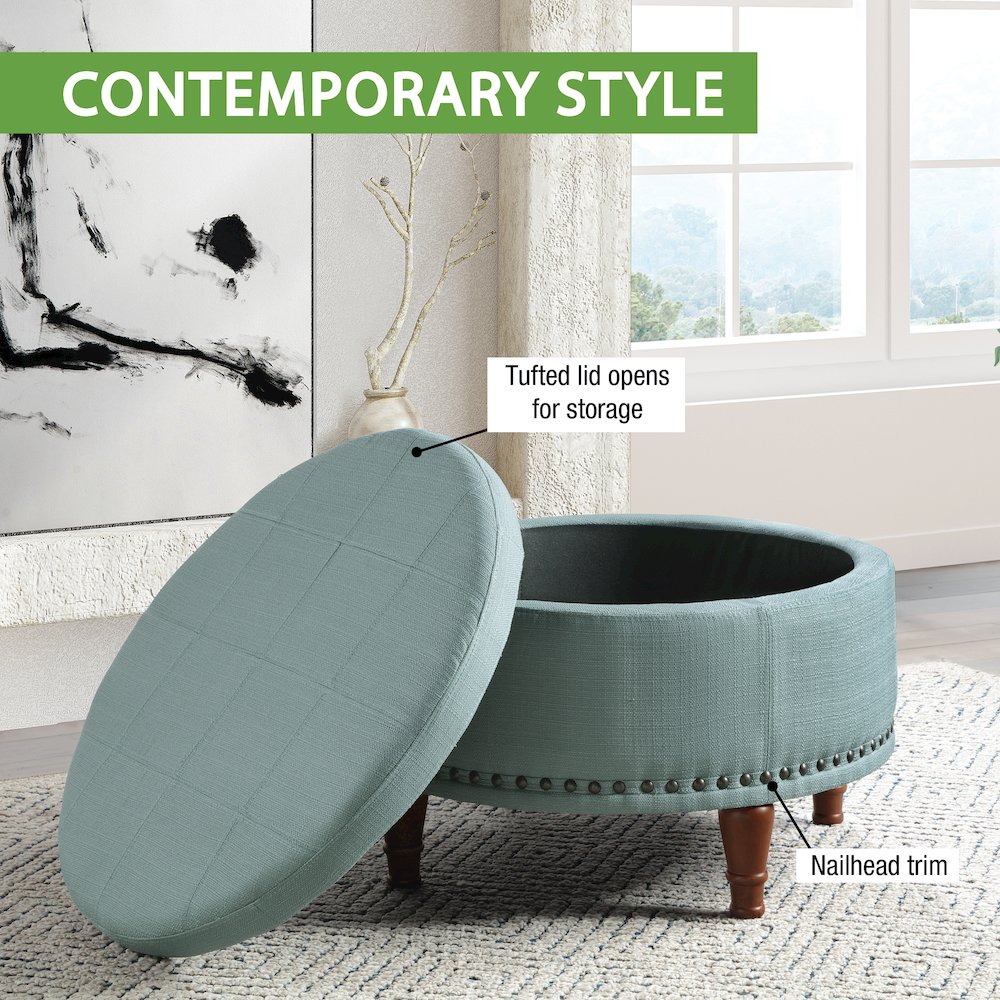 Alloway Storage Ottoman in Sea Blue Fabric with Antique Bronze Nailheads