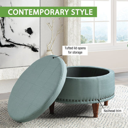 Alloway Storage Ottoman in Sea Blue Fabric with Antique Bronze Nailheads